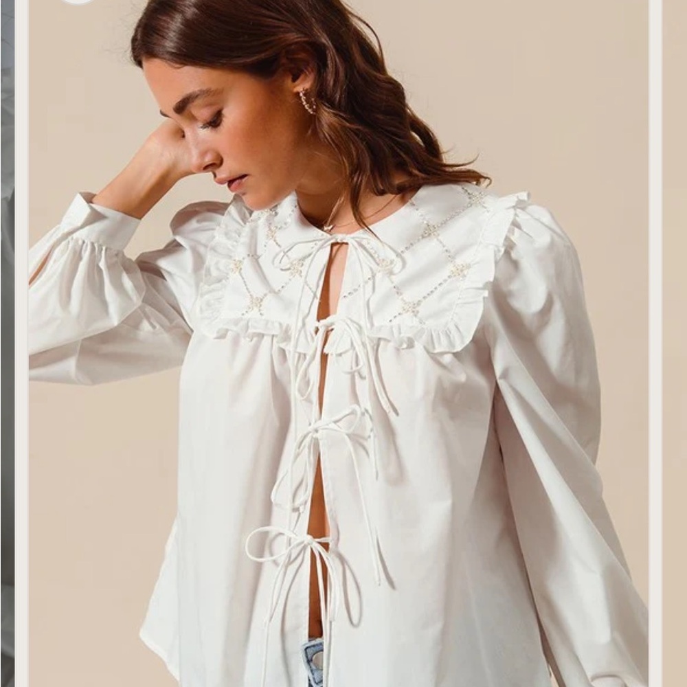 So Me The Charming Blouse Tie Front Pearl Detail Size Small White Boho
